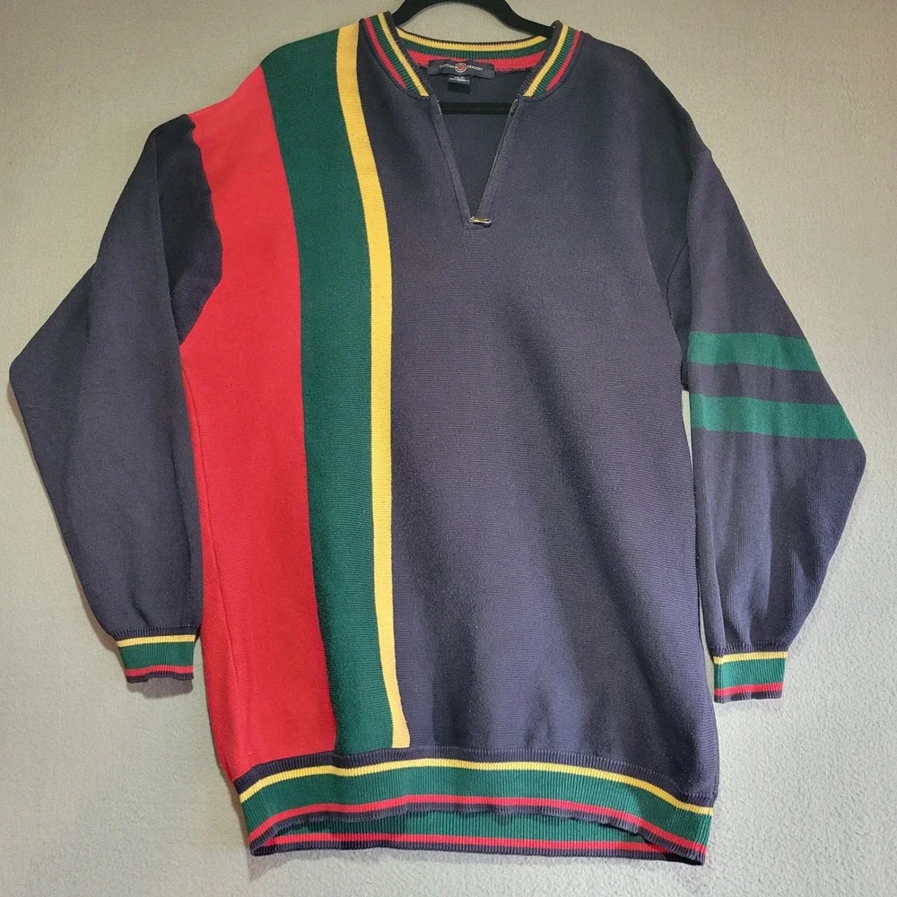Cotton Traders Vintage 90s Colorblock Quarter Zip‎ Cotton Sweater Navy Mens XL